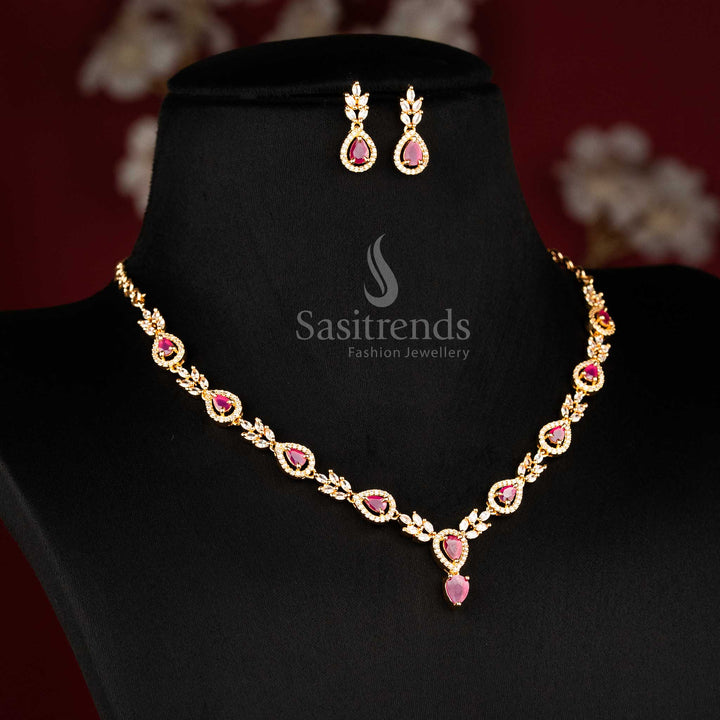 Stunning Micro Gold Plated American Diamond Teardrop Design Necklace Jewellery Sets with Ruby Stones – Sasitrends
