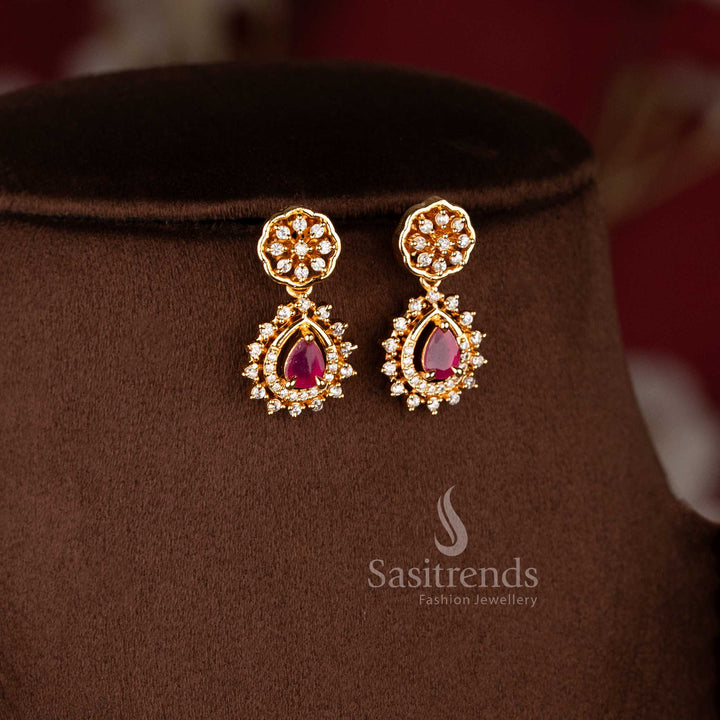 Elegant Floral Swirl ruby necklace set with American Diamond stones and micro gold plated finish for festive and bridal wear - Sasitrends