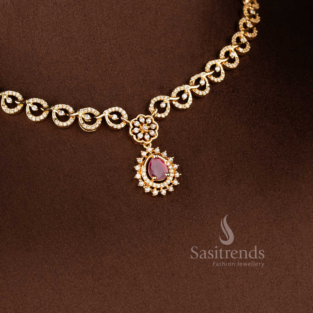 Bridal American Diamond ruby necklace jewellery set with floral motifs and luxurious 24K gold-like finish - Sasitrends