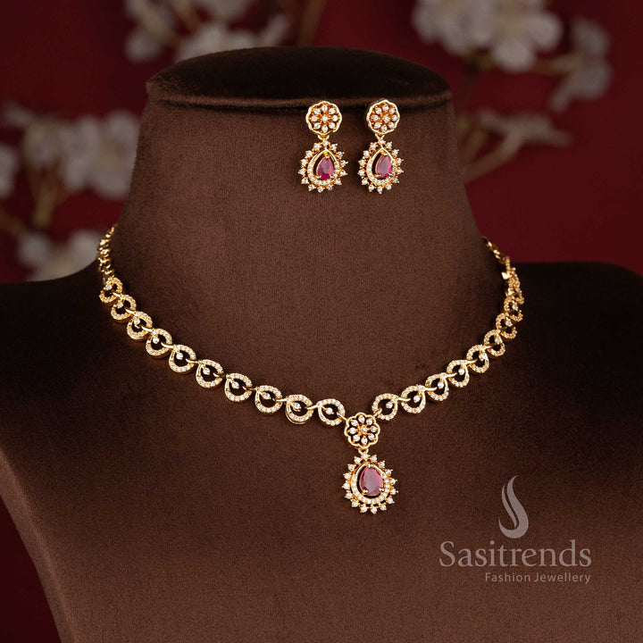 Floral Swirl Ruby American Diamond Micro Gold Plated Necklace Jewellery Set for Festive Wear - Sasitrends