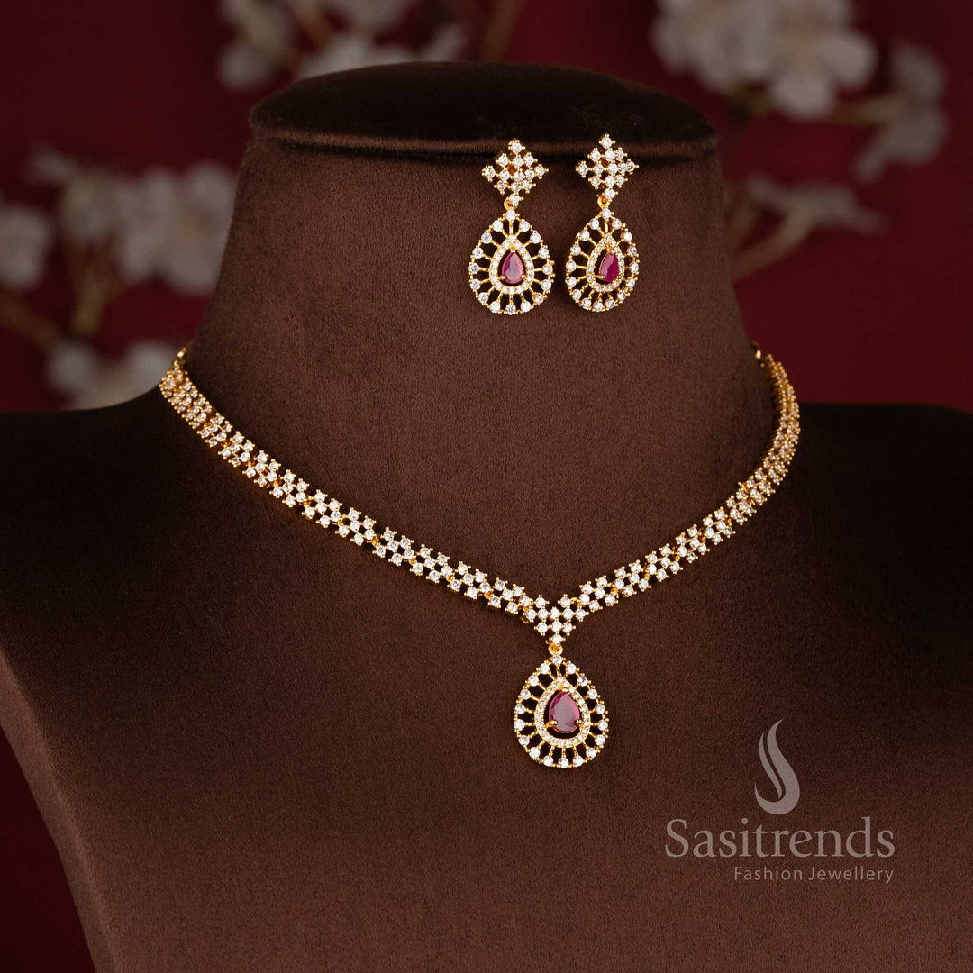 Radiant Teardrop American Diamond micro gold plated necklace set with elegant pendant design - Sasitrends.