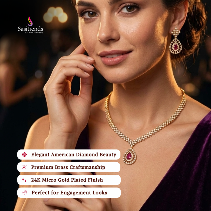 Engagement wear micro gold plated american diamond necklace set review image - Sasitrends