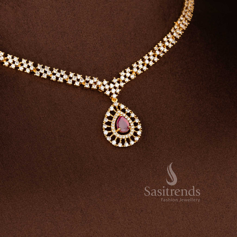 Radiant Teardrop American Diamond micro gold plated necklace set with elegant pendant design - Sasitrends.
