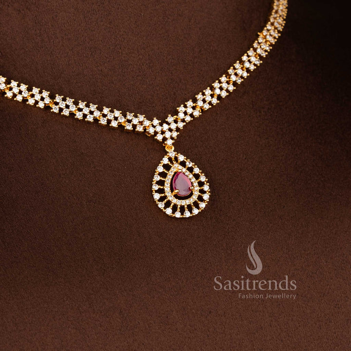 Radiant Teardrop American Diamond micro gold plated necklace set with elegant pendant design - Sasitrends.