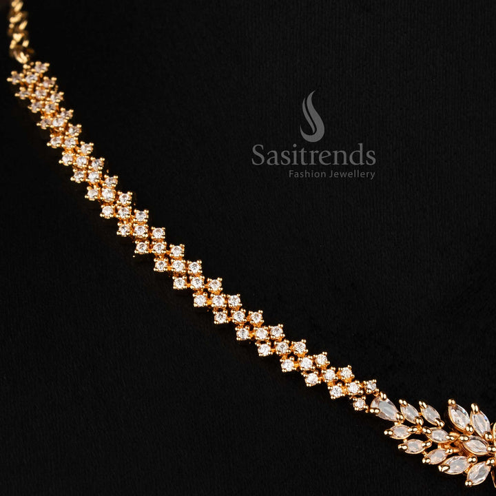 Guaranteed 24K Micro Gold Plated White Ruby American Diamond Necklace Set Earrings with Rectangle Centre Stone & Leaf Cluster Design - Sasitrends