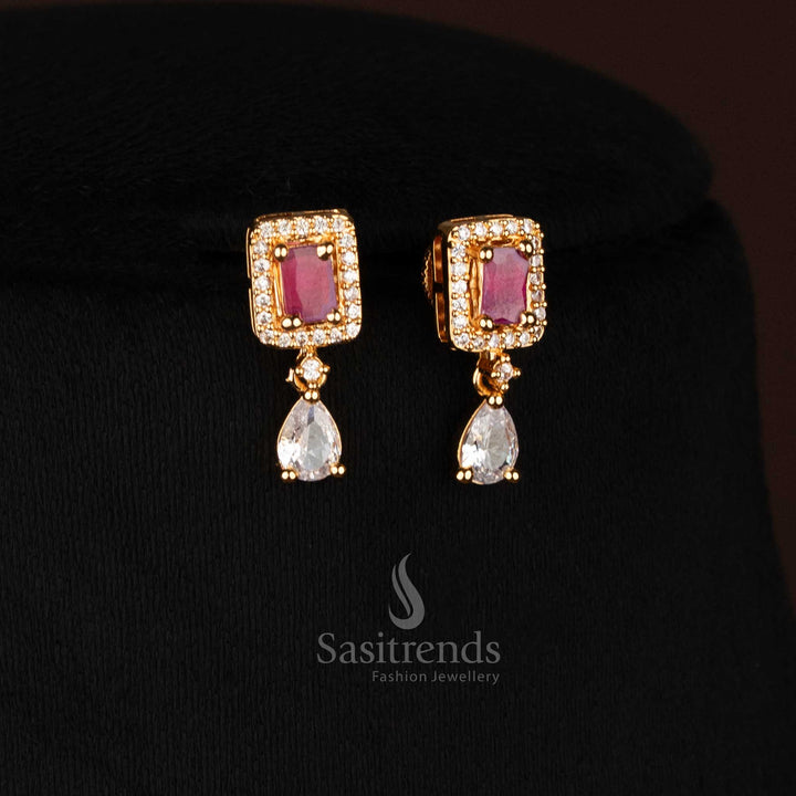 One gram Micro Gold Plated White Ruby American Diamond Necklace Set Earrings with Rectangle Centre Stone & Leaf Cluster Design - Sasitrends