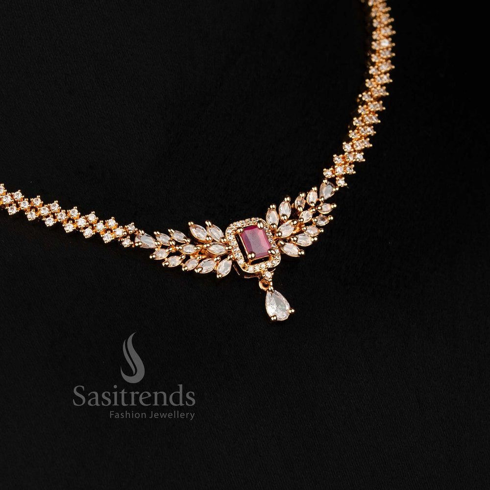 Party wear Micro Gold Plated White Ruby American Diamond Necklace Set with Rectangle Centre Stone & Leaf Cluster Design - Sasitrends