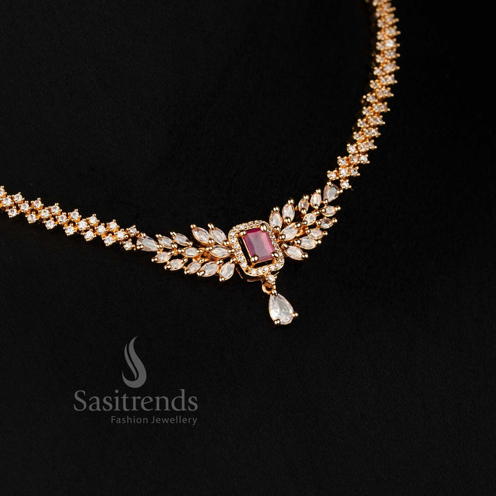 Party wear Micro Gold Plated White Ruby American Diamond Necklace Set with Rectangle Centre Stone & Leaf Cluster Design - Sasitrends