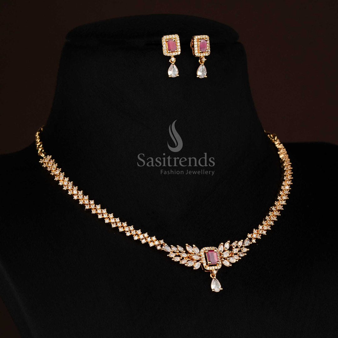 Micro Gold Plated White Ruby American Diamond Necklace Set with Rectangle Centre Stone & Leaf Cluster Design - Sasitrends