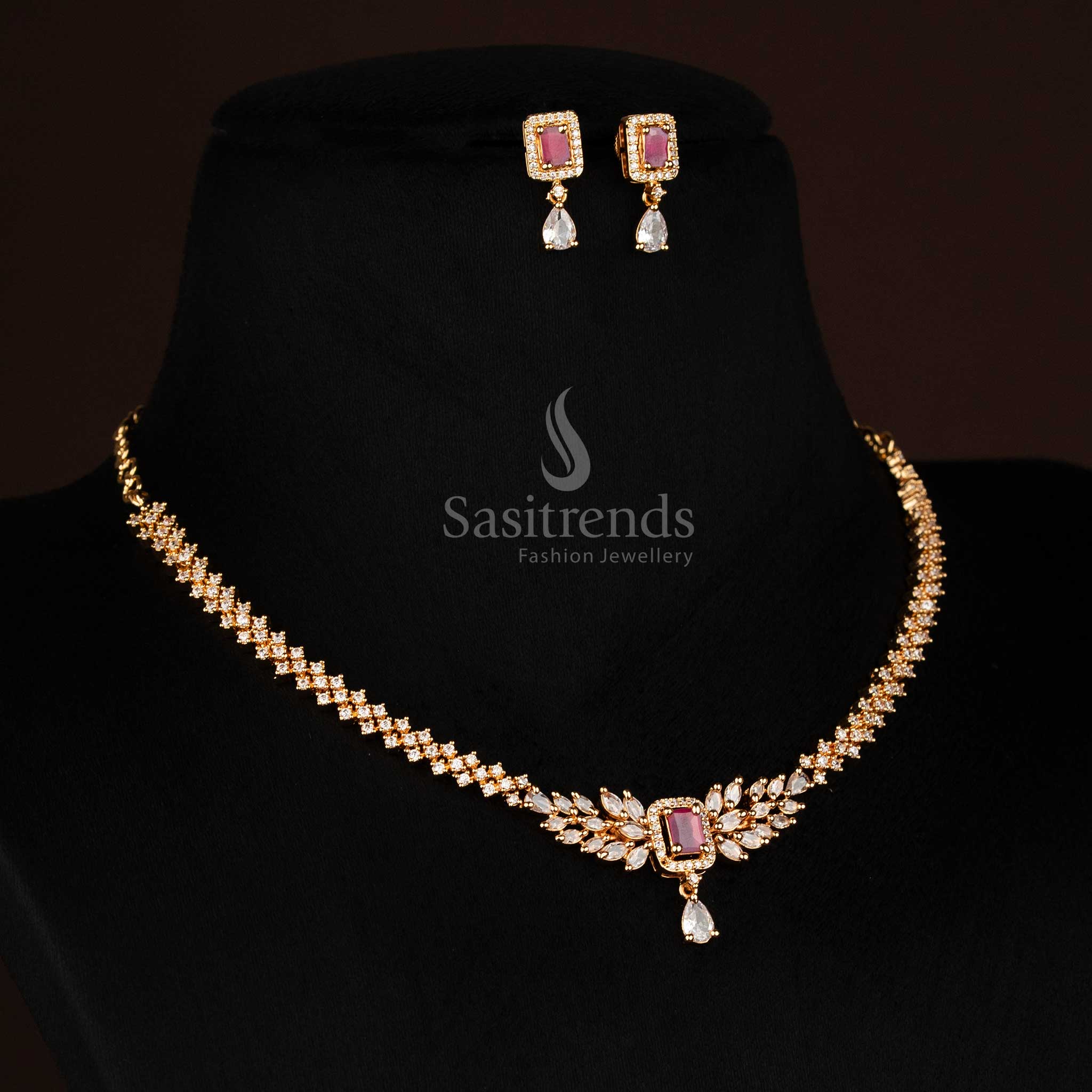 Micro Gold Plated White Ruby American Diamond Necklace Set with Rectangle Centre Stone & Leaf Cluster Design - Sasitrends