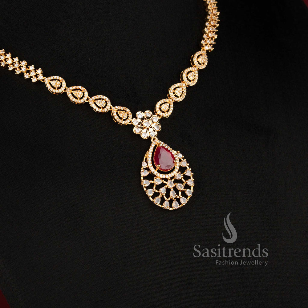 Beautiful teardrop floral American Diamond necklace and earrings set with elegant craftsmanship - Sasitrends
