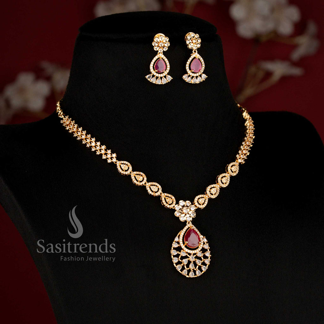 Beautiful teardrop floral American Diamond necklace and earrings set with elegant craftsmanship - Sasitrends