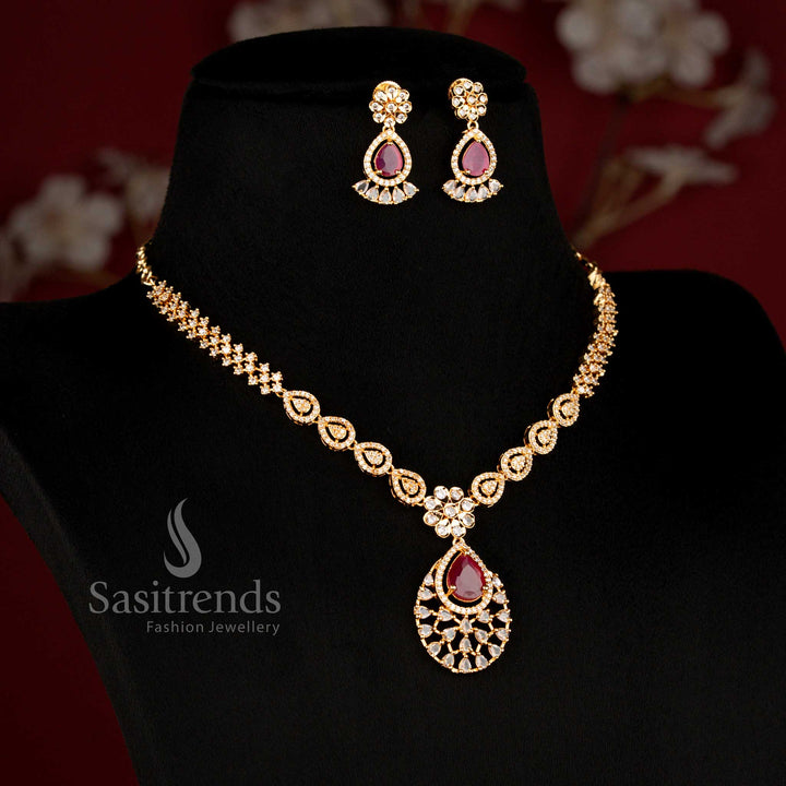 Beautiful teardrop floral American Diamond necklace and earrings set with elegant craftsmanship - Sasitrends