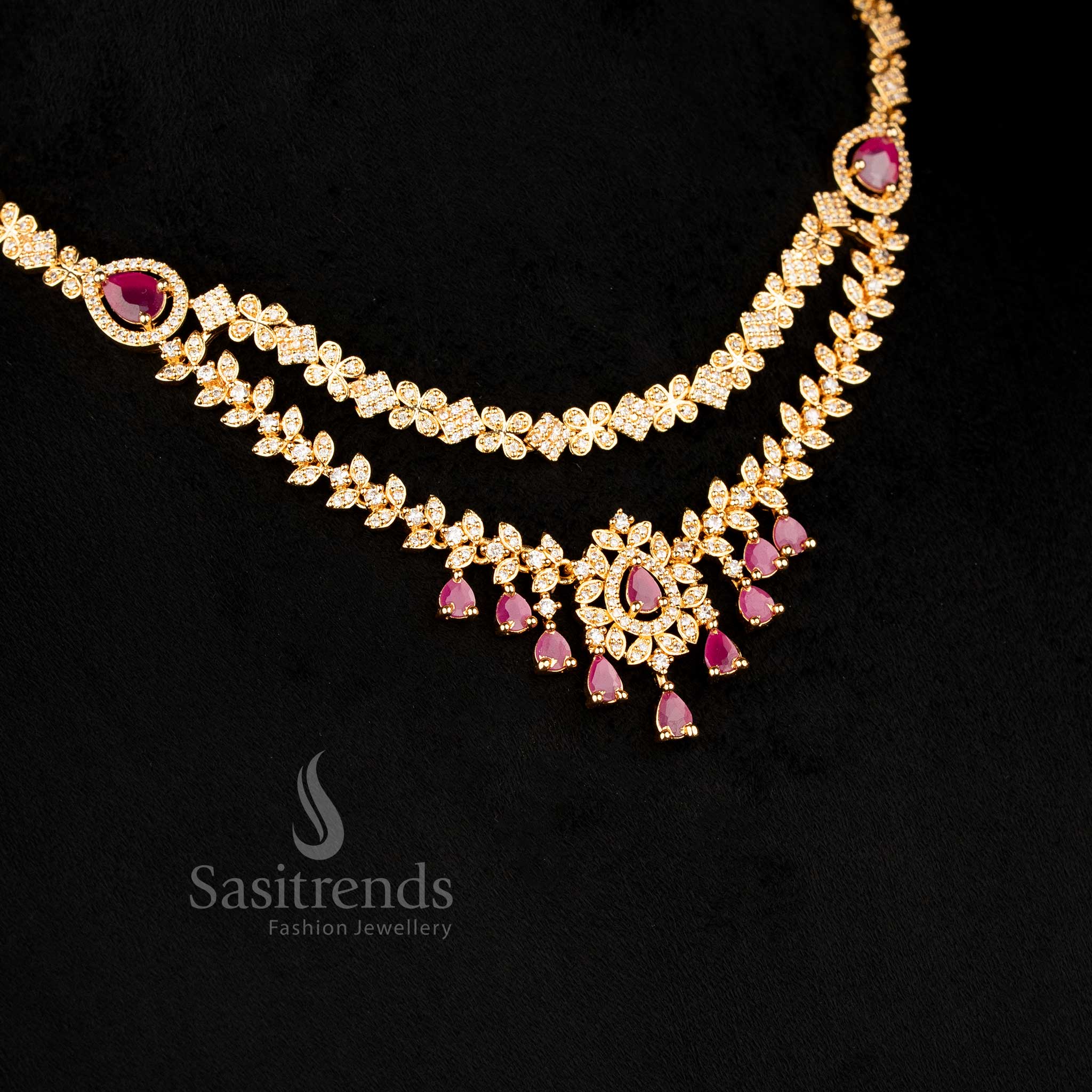 American Diamond layered necklace set for weddings receptions and festive wear Sasitrends