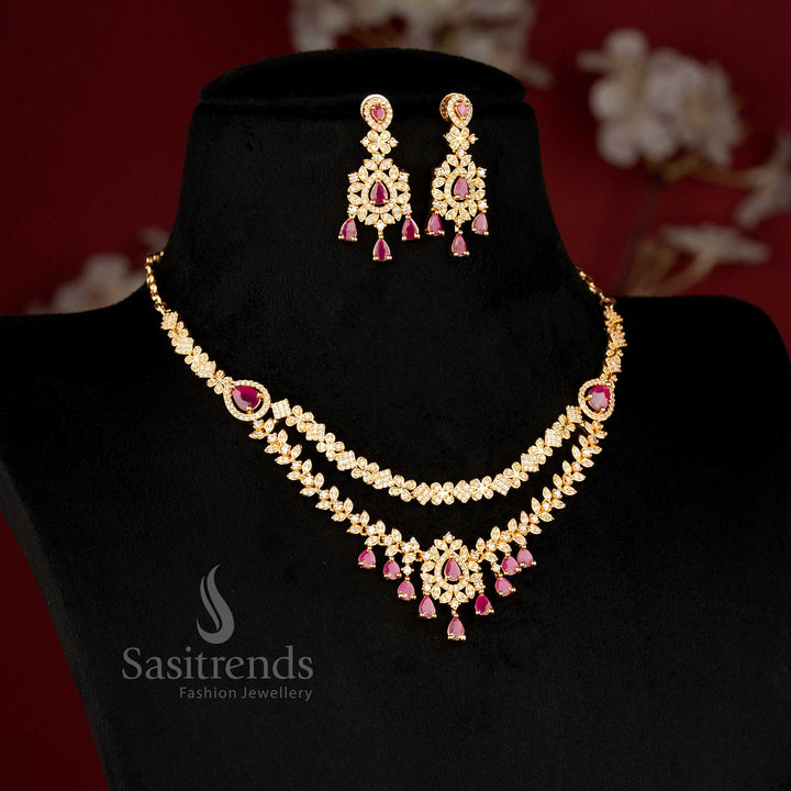 Stunning American Diamond Micro Gold Plated Double Layer Floral Drop Necklace Set Sasitrends