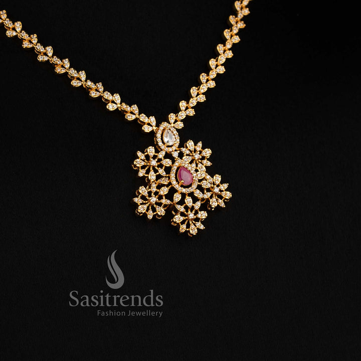 24K Micro Gold Plated AD Floral Pendant Necklace Set for Women - Sasitrends