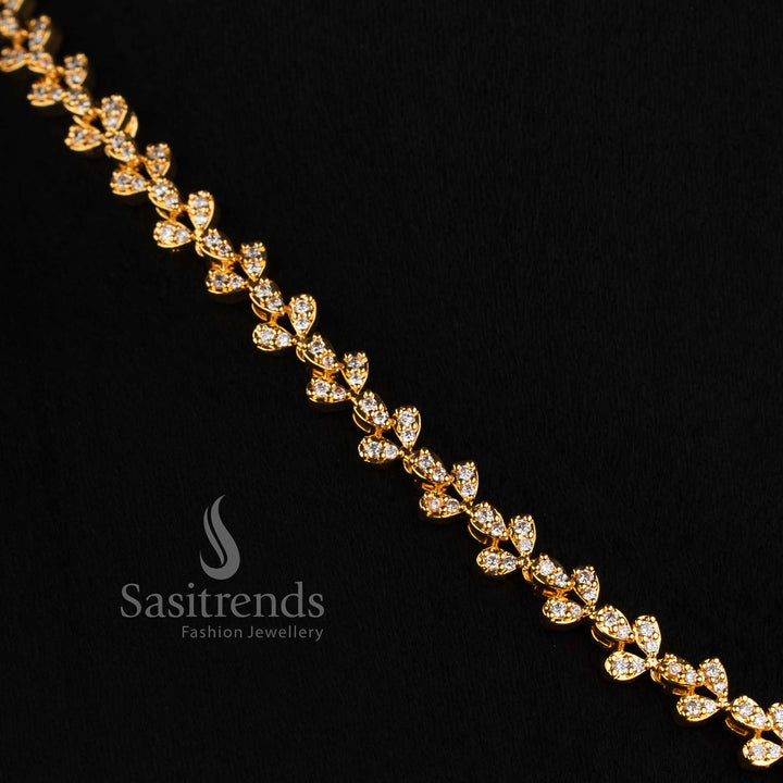 Traditional 24K Micro Gold Plated AD CZ Leaf Strand Necklace with Matching Earrings - Sasitrends