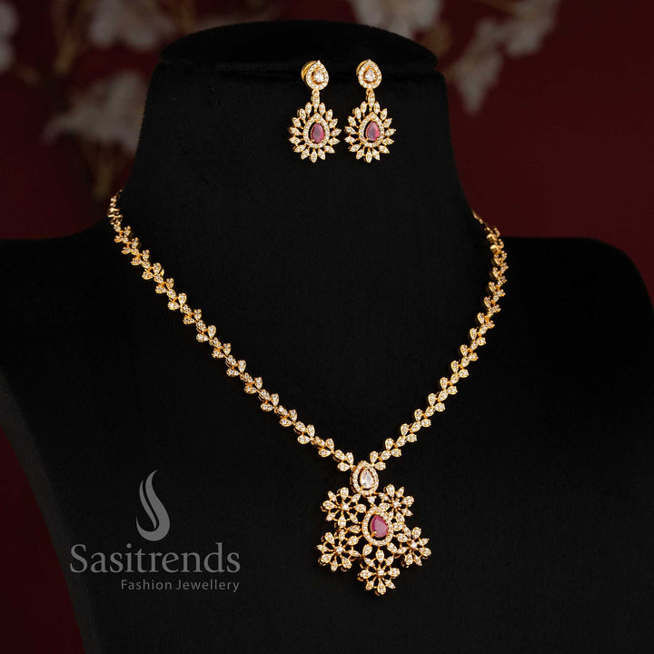 24K Micro Gold Plated AD Floral Pendant Necklace Set for Women - Sasitrends