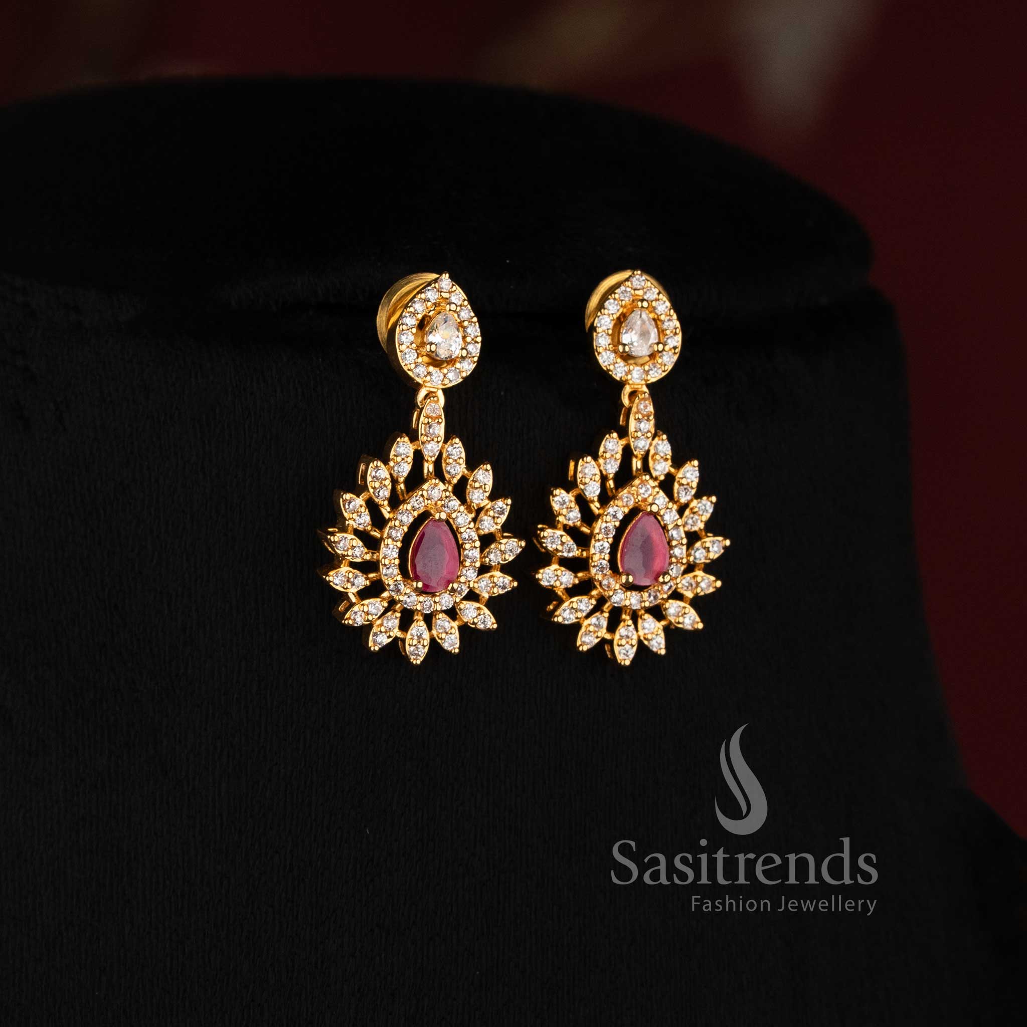 Traditional 24K Micro Gold Plated AD CZ Leaf Strand Necklace with Matching Earrings - Sasitrends