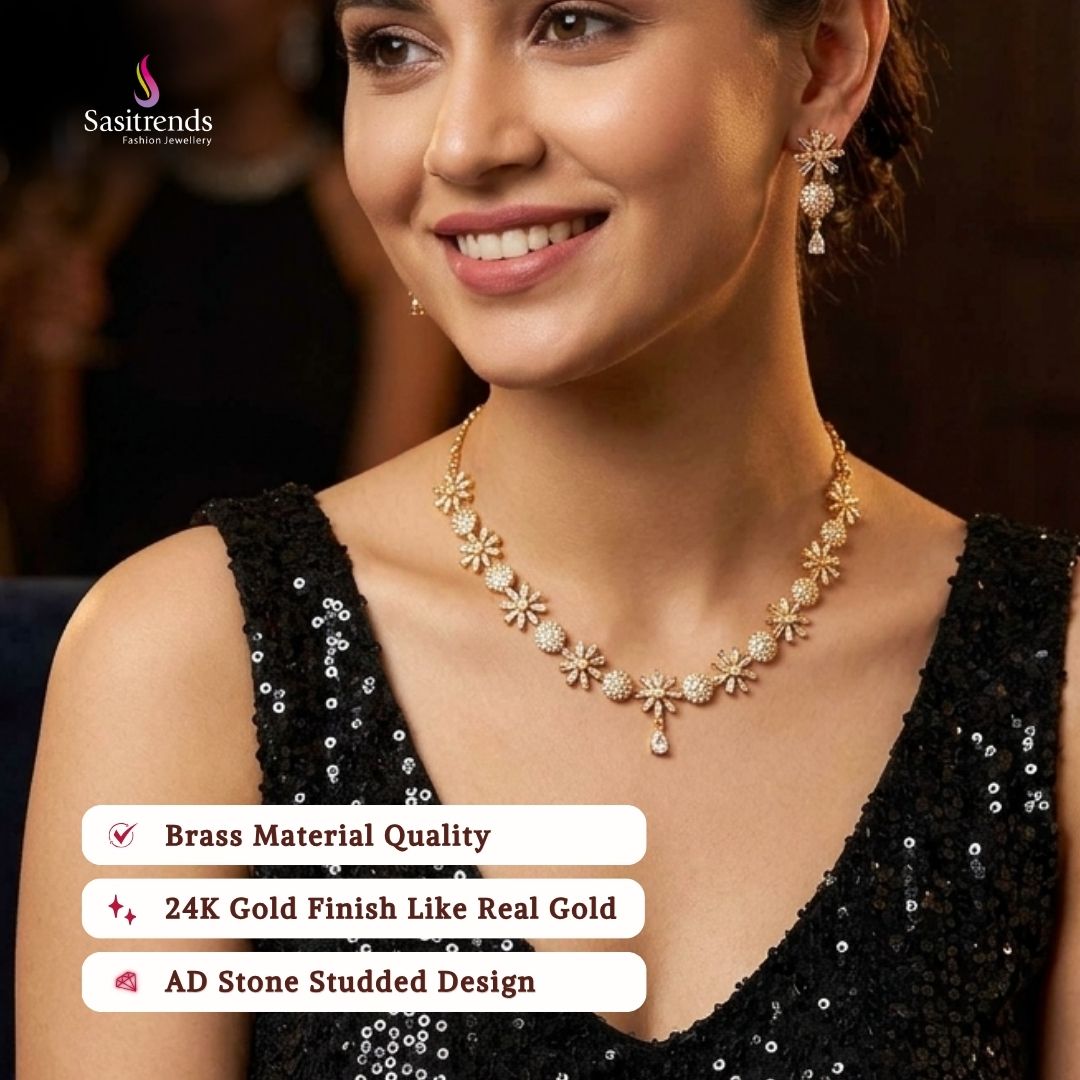 Guaranteed Micro gold plated AD stone necklace set model image - Sasitrends 