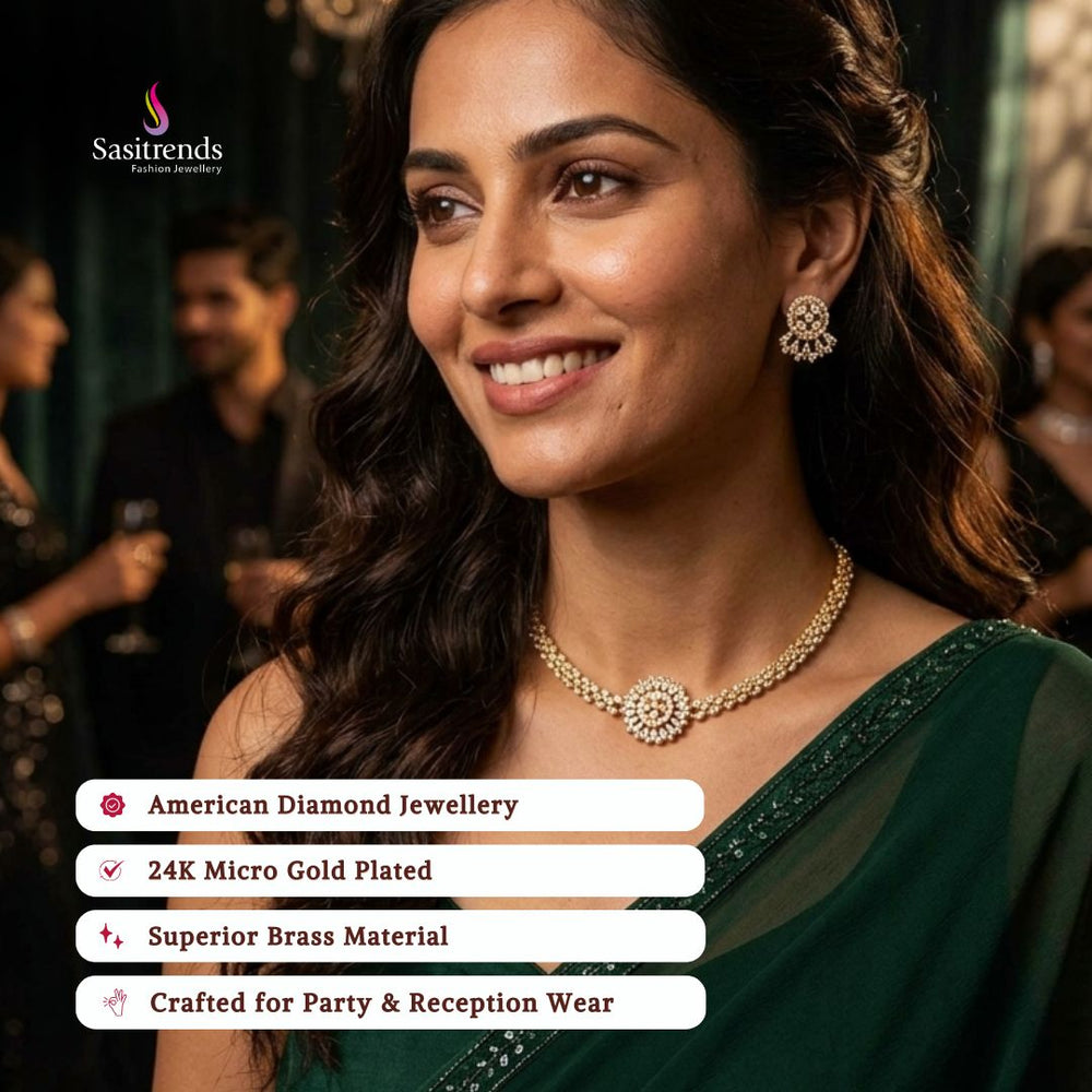 Engagement & Party wear micro gold plated american diamond necklace set model image - Sasitrends