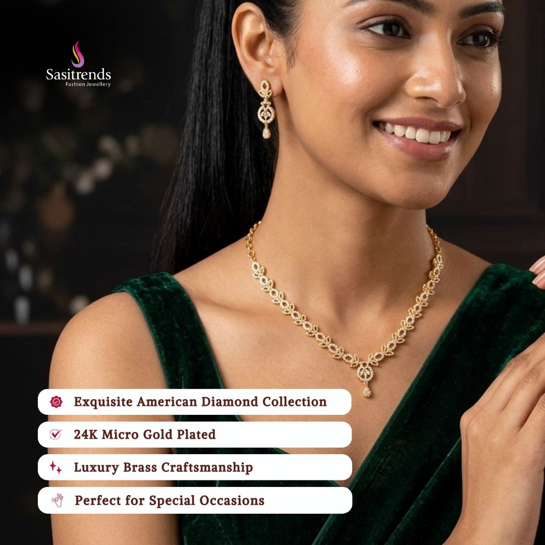 Engagement & Party wear micro gold plated american diamond necklace set model image - Sasitrends