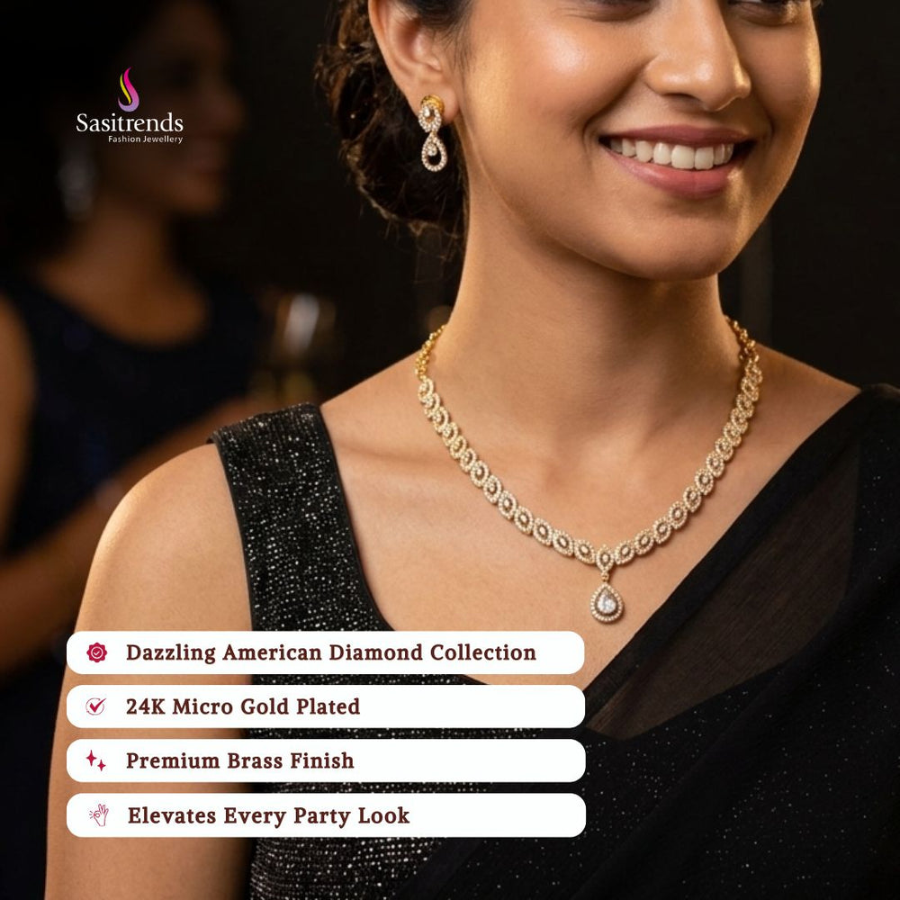 Engagement & Party wear micro gold plated american diamond necklace set model image - Sasitrends