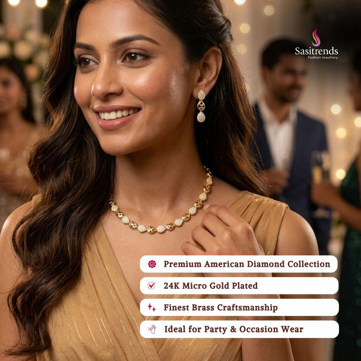 Engagement & Party wear micro gold plated american diamond necklace set model image - Sasitrends