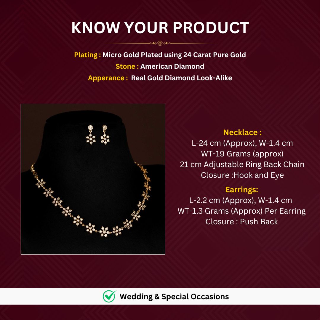 Party wear micro gold plated american diamond necklace set measurement image - Sasitrends     