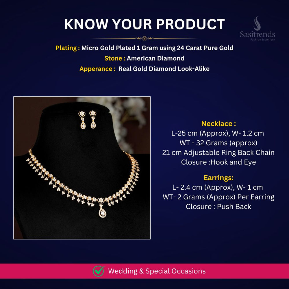 American Diamond Micro gold plated Necklace jewellery set Measurement Image - Sasitrends