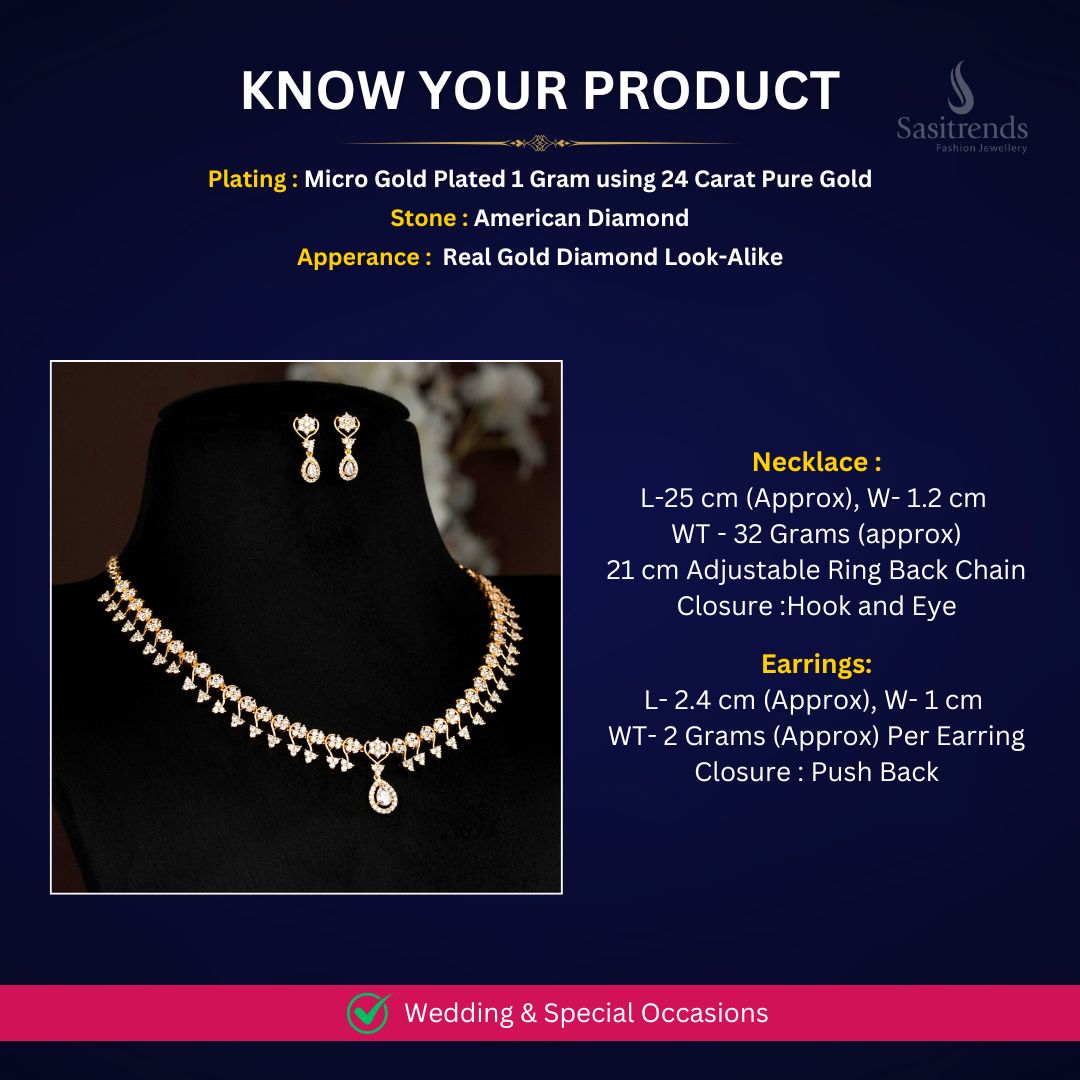 American Diamond Micro gold plated Necklace jewellery set Measurement Image - Sasitrends