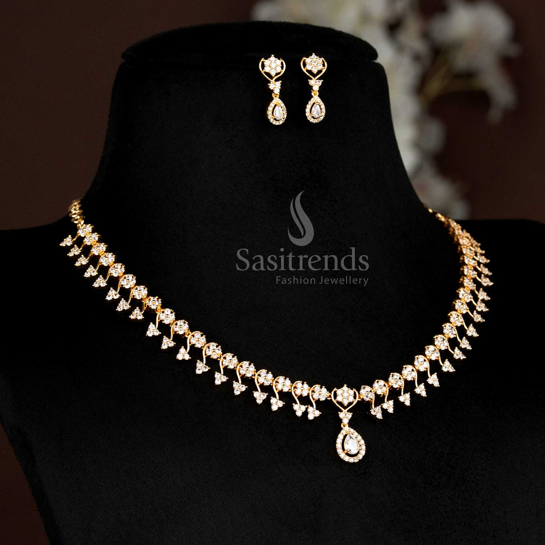 Refined Micro Gold Plated Pear Drop AD Necklace Set Featuring Elegant Symmetry And A Shimmering Finishing Touch, Designed To Elevate Special Moments With Radiant Beauty – Sasitrends