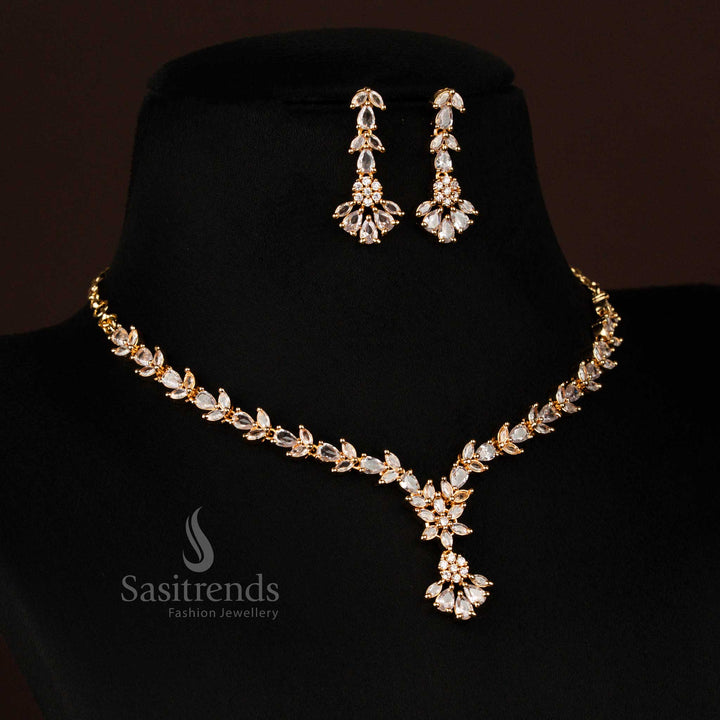 Elegant Micro Gold Plated White American Diamond Waterdrop Marquise Stone Necklace Set for Party Wear