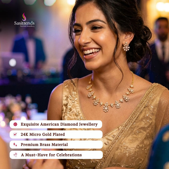 Engagement & Party wear micro gold plated american diamond necklace set model image - Sasitrends