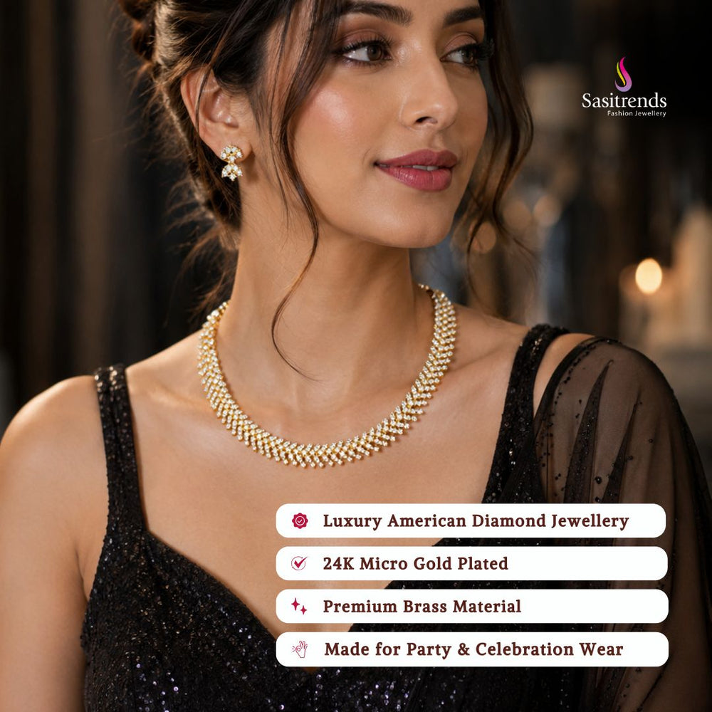 Engagement & Party wear micro gold plated american diamond necklace set model image - Sasitrends