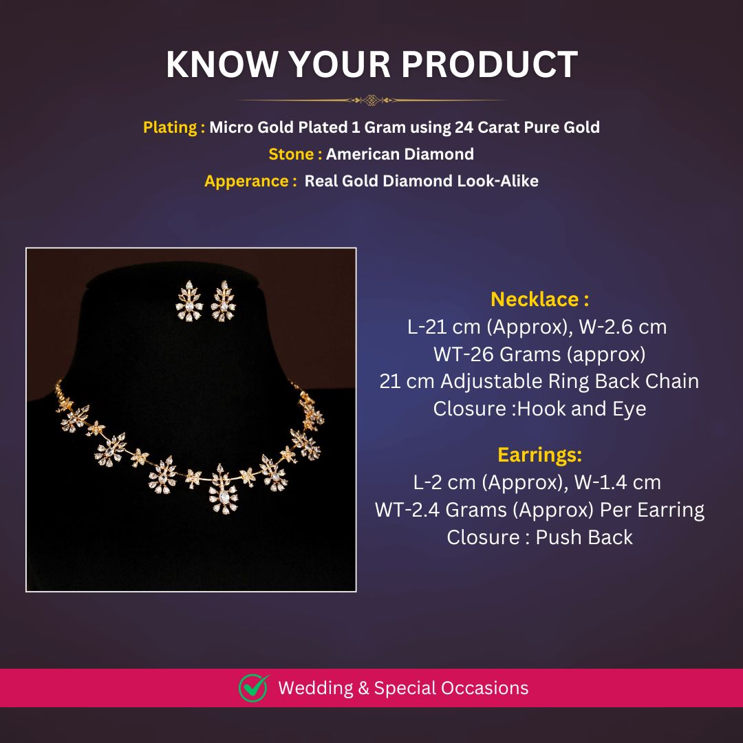 Micro gold plated americon daimond necklace set measurement image - Sasitrends