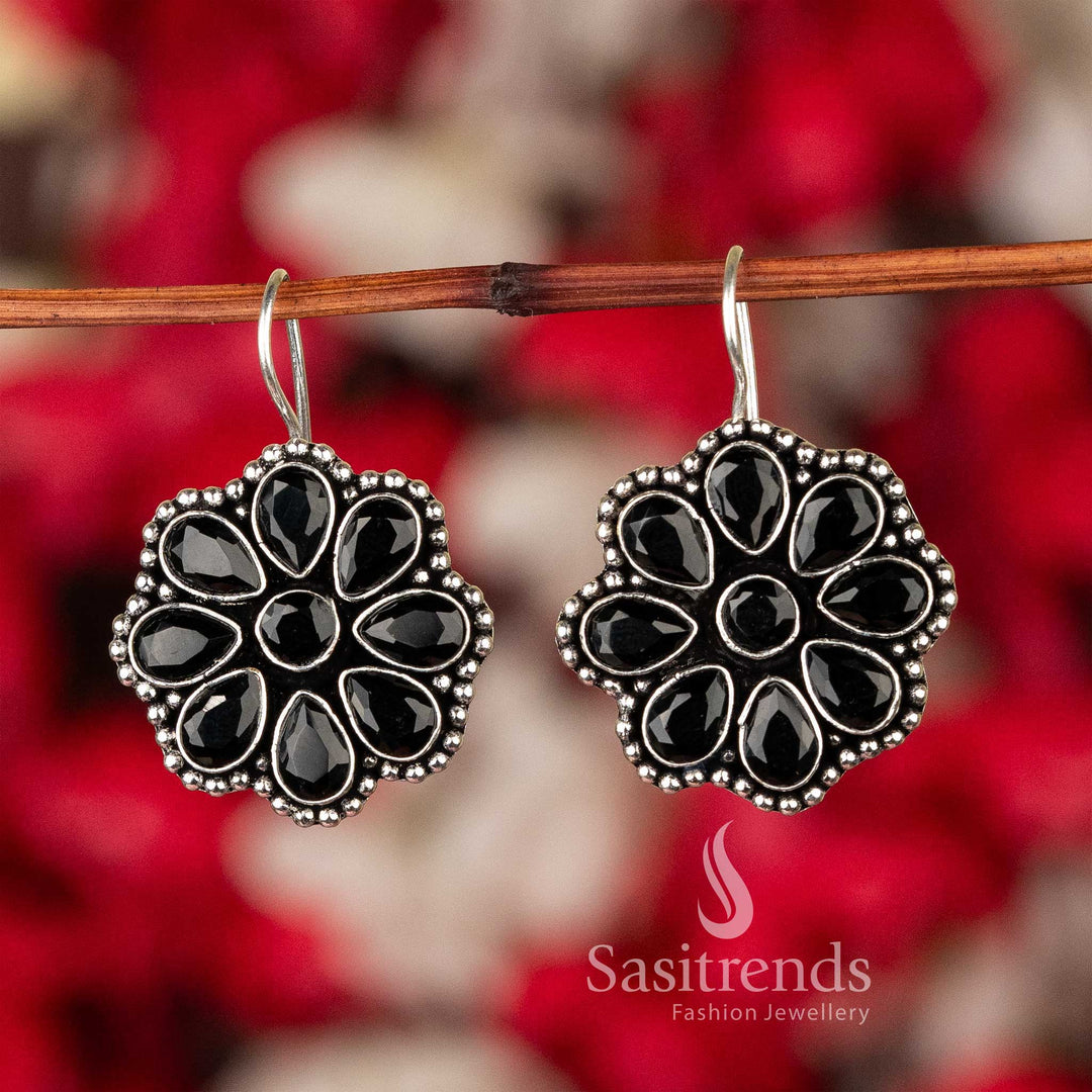 Bold Black Oxidised Silver Floral Glitter Stones Earrings – A Vintage Fusion Jewellery Piece With Distinctive Charm - Sasitrends

