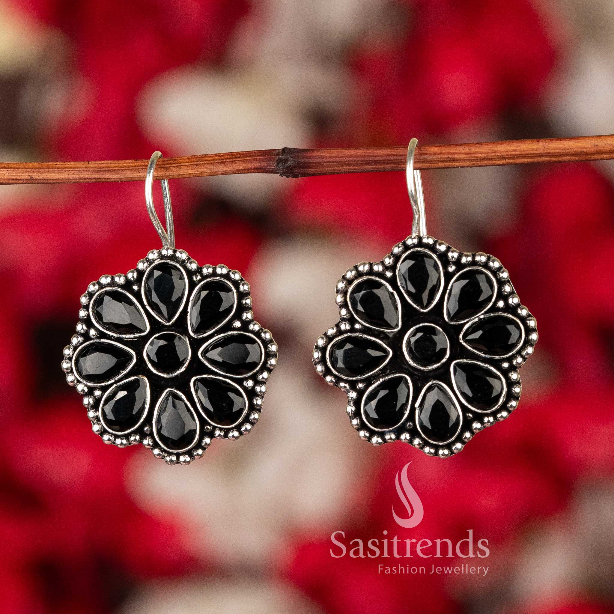 Bold Black Oxidised Silver Floral Glitter Stones Earrings – A Vintage Fusion Jewellery Piece With Distinctive Charm - Sasitrends

