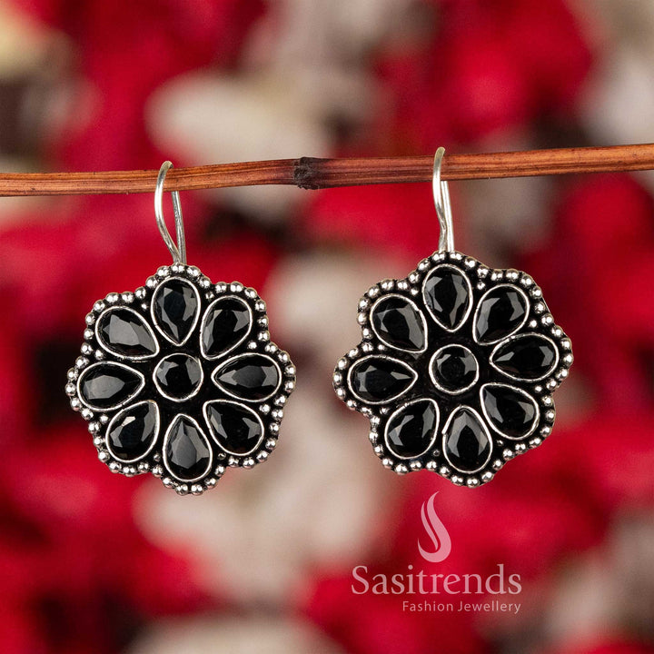 New Arrival: Oxidised Silver Floral Glitter Stones Earrings - Sasitrends