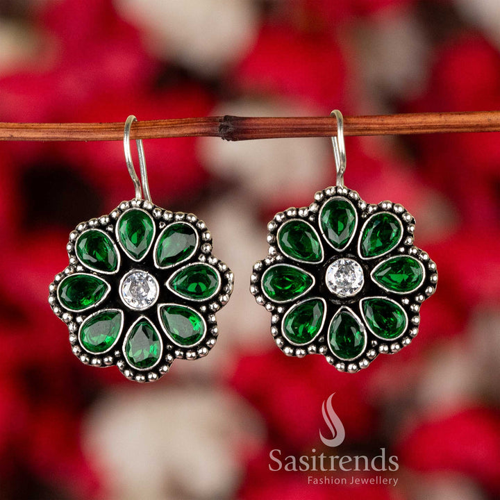 Classic Green And White Oxidised Silver Floral Glitter Stones Earrings – A Vintage Royal Jewellery Piece With Elegant Appeal - Sasitrends