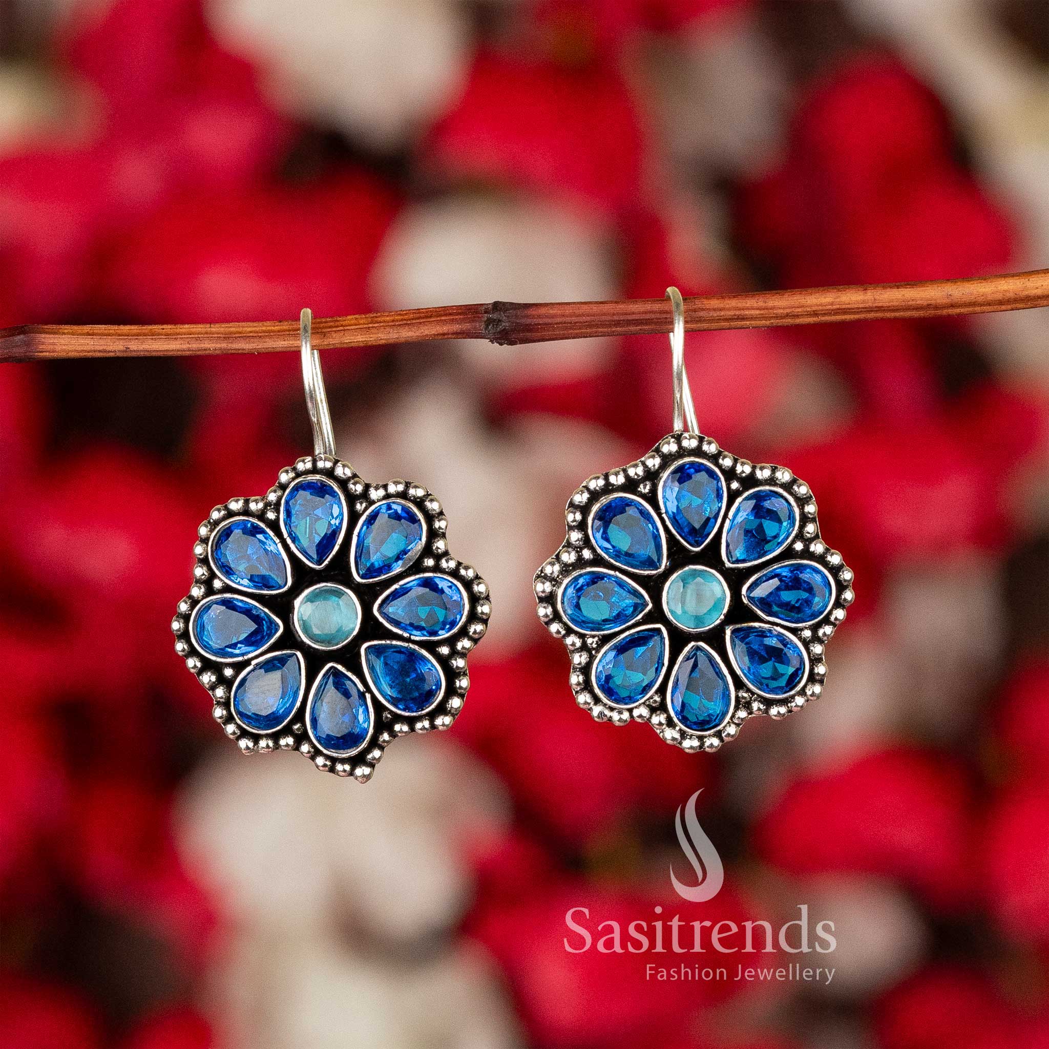 Cool Mint Blue Oxidised Silver Floral Glitter Stones Earrings – A Fresh Contemporary Jewellery Pick With Ethnic Accents - Sasitrends