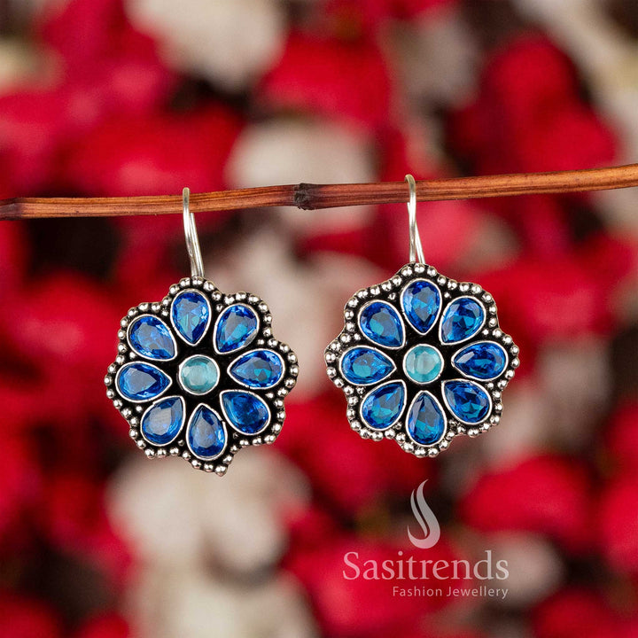Cool Mint Blue Oxidised Silver Floral Glitter Stones Earrings – A Fresh Contemporary Jewellery Pick With Ethnic Accents - Sasitrends