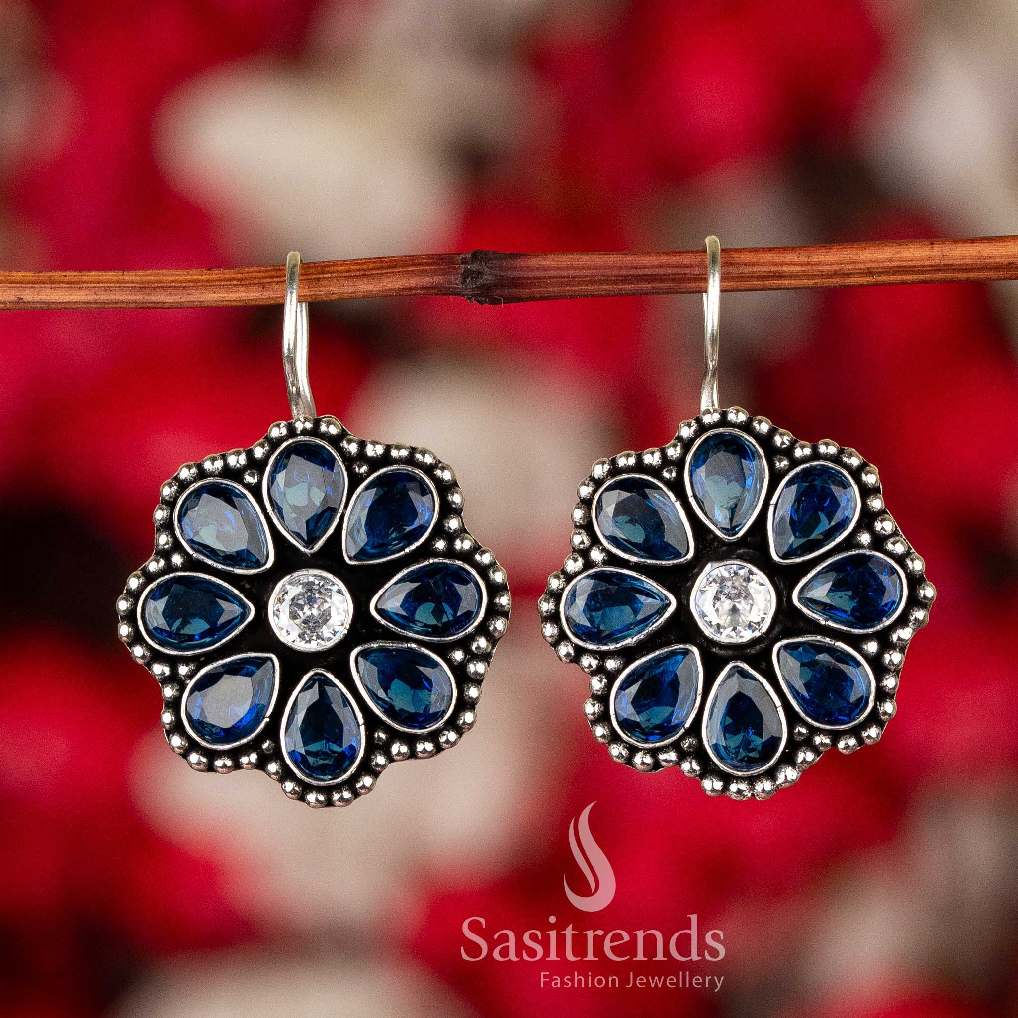 Elegant Blue And White Oxidised Silver Floral Glitter Stones Earrings – Regal And Trendy Jewellery For Contemporary Festive Looks - Sasitrends
