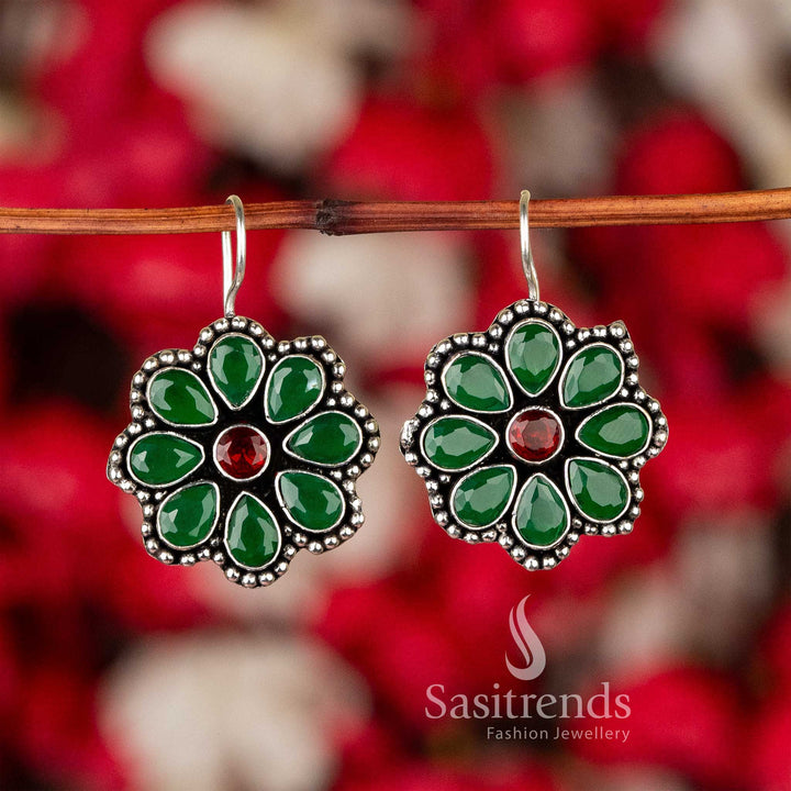 Heritage Green Ruby Oxidised Silver Floral Glitter Stones Earrings – Royal Traditional Jewellery For Cultural Celebrations - Sasitrends