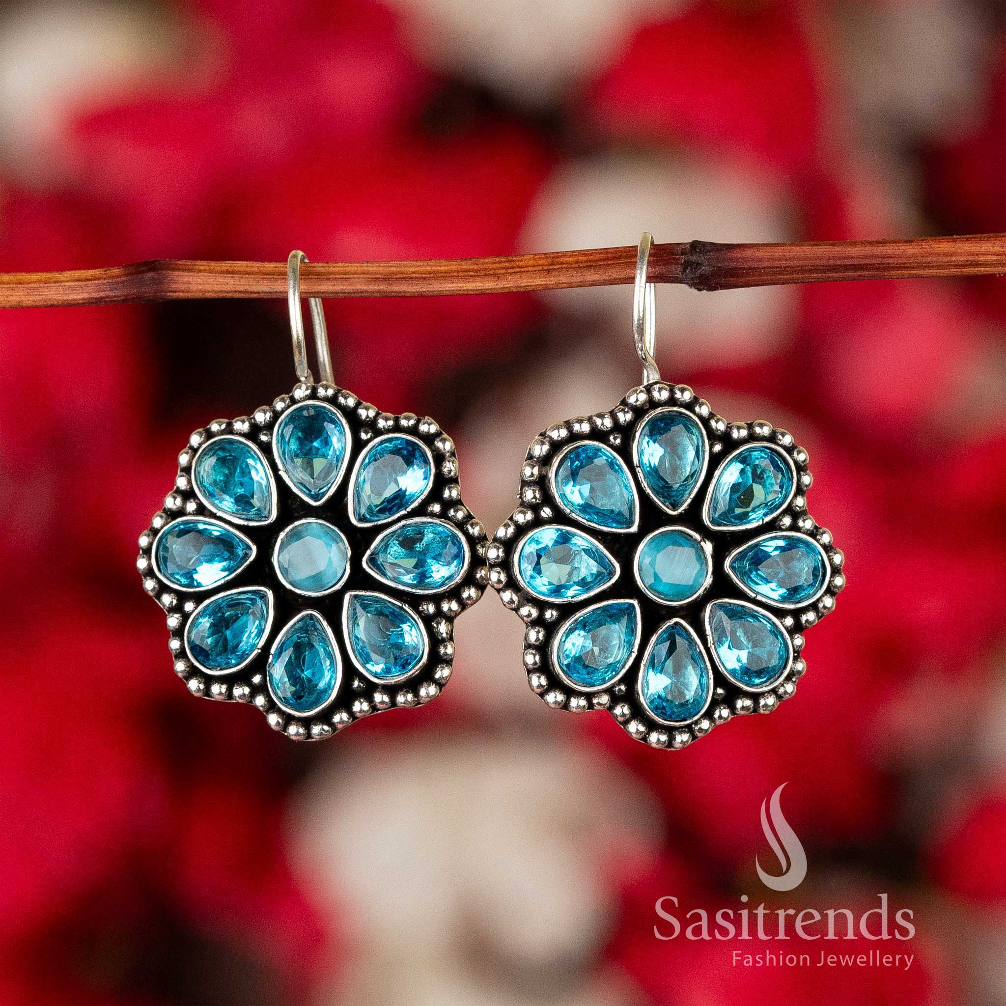 Mint Fresh Oxidised Silver Floral Glitter Stones Earrings – A Delicate Traditional Jewellery Design With Soothing Tones - Sasitrends