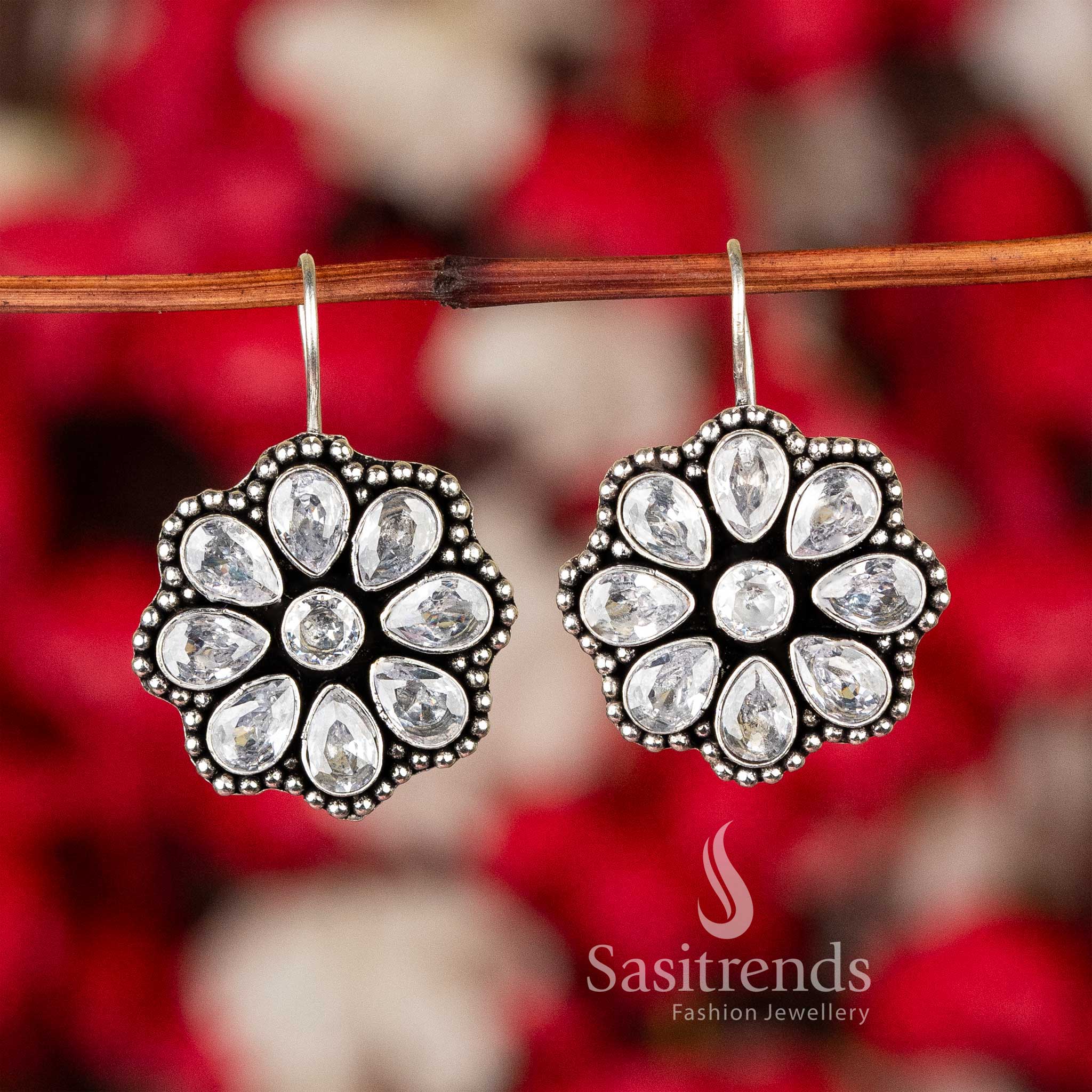 Pure White Oxidised Silver Floral Glitter Stones Earrings – A Timeless Graceful Jewellery Design For Festive Wear - Sasitrends