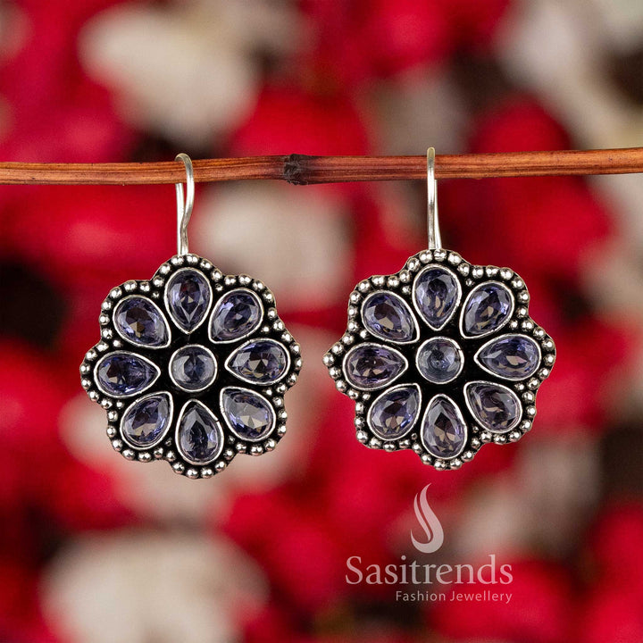 Violet Radiance In Oxidised Silver Floral Glitter Stones Earrings – Artistic Ethnic Jewellery With Sparkling Grace - Sasitrends