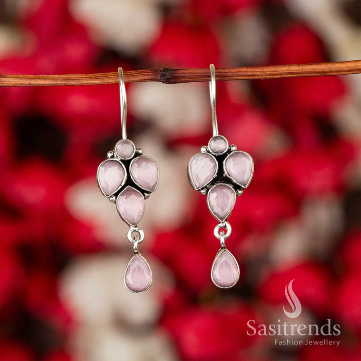 Blushing Pink Gemstone Vine Oxidised Earrings With Drop Petals – Charming Traditional Jewellery For Occasional Wear - Sasitrends