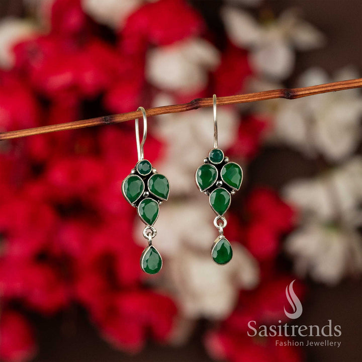 Lush Green Gemstone Vine Oxidised Earrings With Leafy Accents And Floral Drop – A Traditional Statement Jewellery Piece With Fresh Ethnic Appeal - Sasitrends