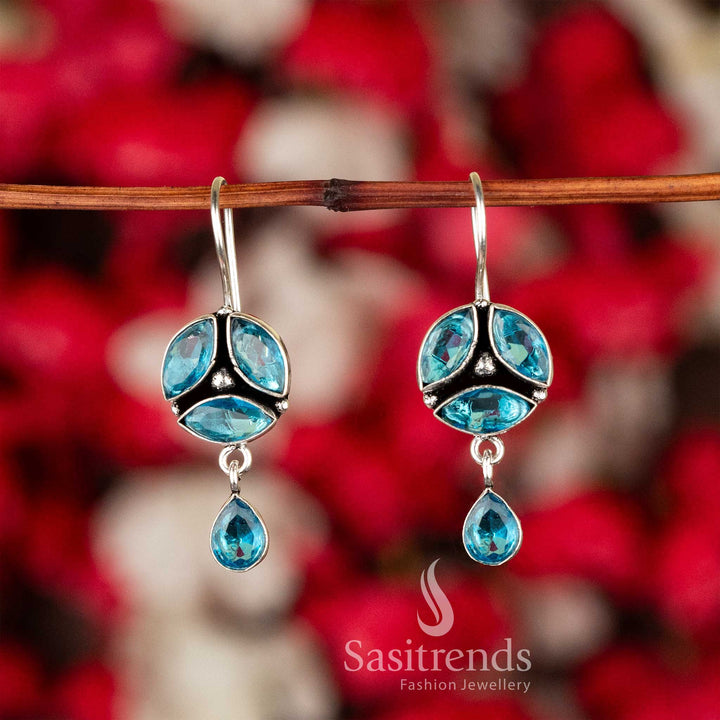 Aqua Blue Oxidised Silver Earrings With Floral Drops And Glitter Stones – Casual Chic Jewellery For Everyday Grace - Sasitrends

